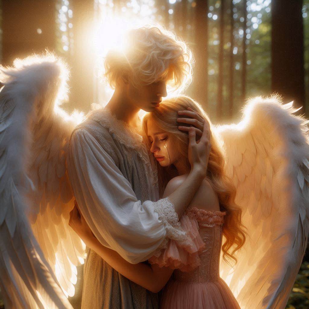 Un ange enlace une jeune femme